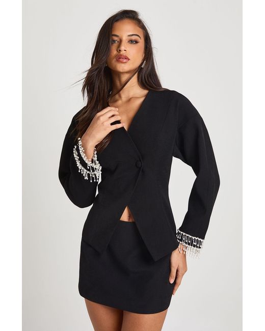 Boohoo Black Pearl Diamante Cuff Balloon Sleeve Blazer
