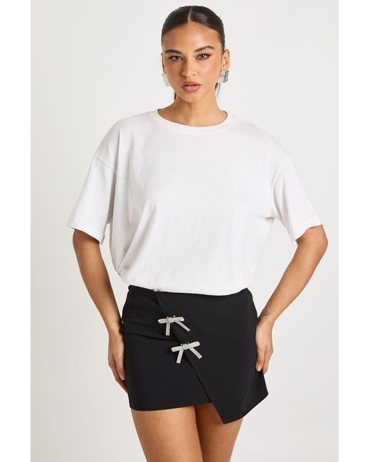 Boohoo White Bengaline Mini Skirt With Diamante Bow Detail