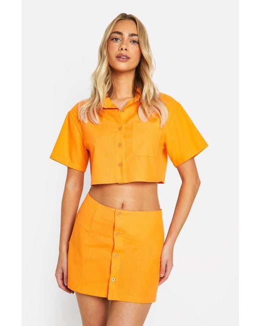 Boohoo Orange Linen Look Button Front Mini Skirt