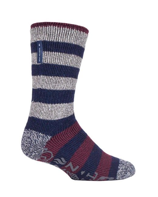 Heat Holders Blue Striped Fleece Lined Non Slip Thick Slipper Socks for men