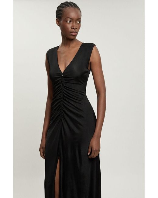 Karen Millen Black Plunge Neckline Viscose Crepe Ruched Front Dress