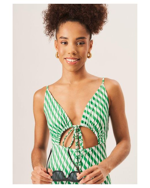Gini London Green Wave Print Tie Front Swimsuit