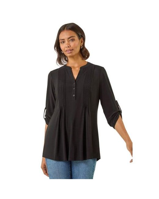 Roman Black Pintuck Button Stretch Top