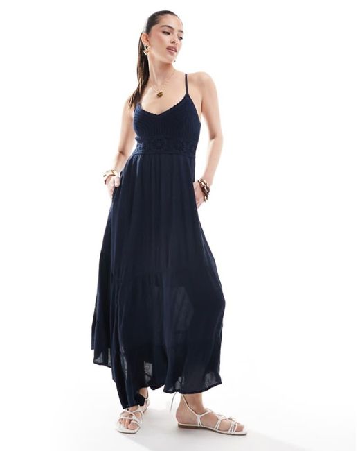 Hollister Blue Crochet & Woven Mix Maxi Dress With Hanky Hem