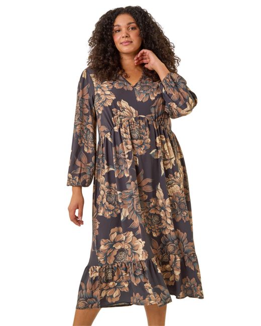 Roman Brown Curve Floral Print Midi Dress