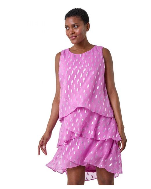 Roman Pink Shimmer Foil Print Tiered Dress