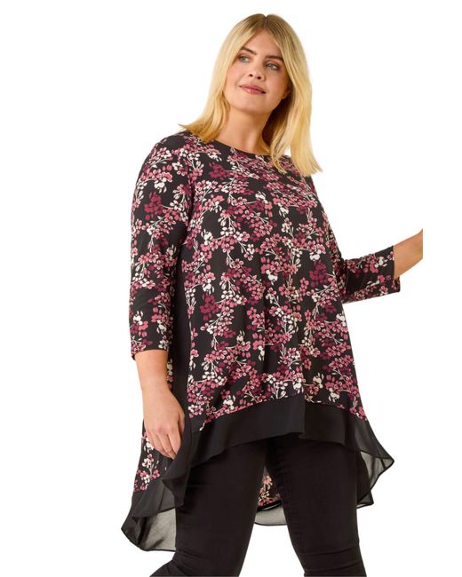 Roman Red Curve Floral High Low Chiffon Top