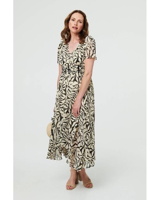 Izabel London White Printed Ruched Front V-Neck Midi Dress