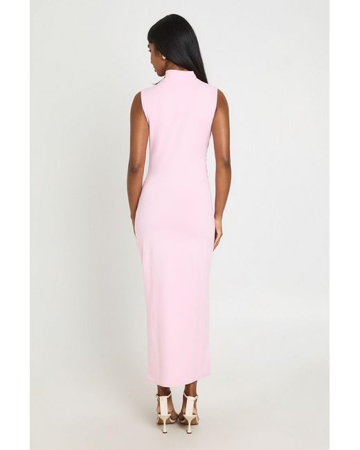 Boohoo Pink Ruched Sleeveless Asym Button Up Midi Dress