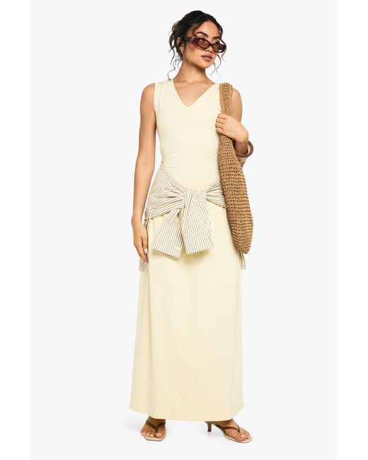 Boohoo Natural V Neck Ruched Detail Maxi Dress