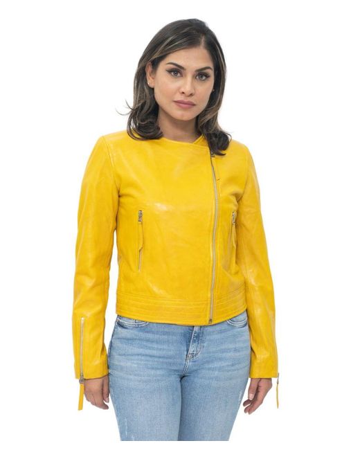 Infinity Leather Yellow Collarless Biker Jacket-Padova