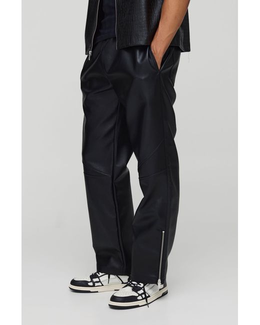 BoohooMAN Black Elasticated Waist Pu Relaxed Zip Hem Pants for men