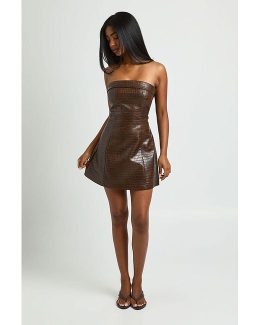 Boohoo Brown Leather Look Mock Croc Bandeau Mini Dress