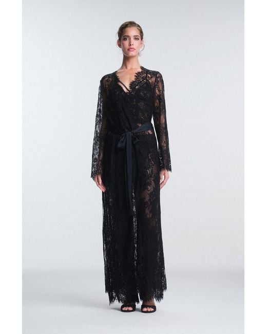 Penti Black Embroidered Maxi Robe With Tie Front