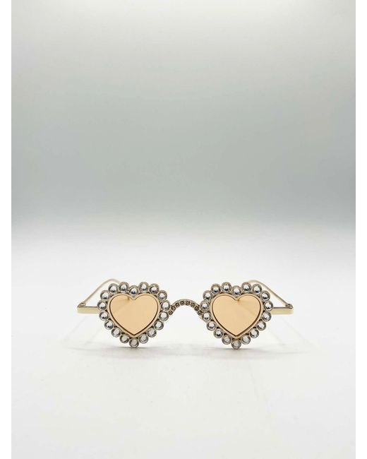 SVNX White Heart Diamante Sunglasses Champagne