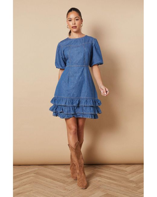 Oasis Blue Short Puff Sleeve Detail Mini Dress
