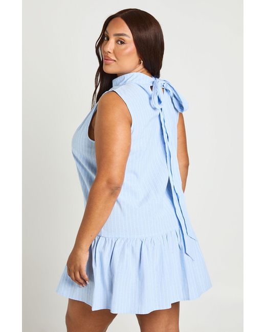 Boohoo Blue Plus High Neck Frill Hem Stripe Mini Dress