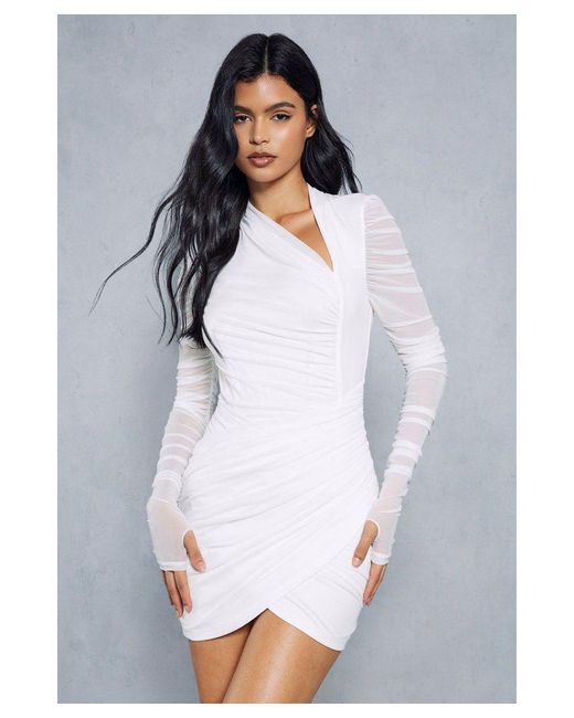 MissPap White Mesh Ruched Wrap Long Sleeve Dress