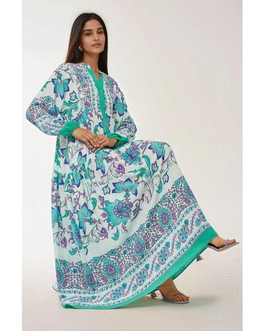 Hiccup Blue Printed Long Sleeve Viscose Maxi Dress