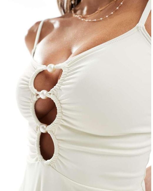 4th & Reckless White Pearl Trim Cutout High Leg Swimsuit