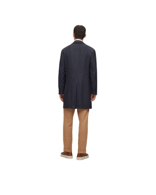 Boss Blue Solid Patterned Lapel Collared Over Coat for men