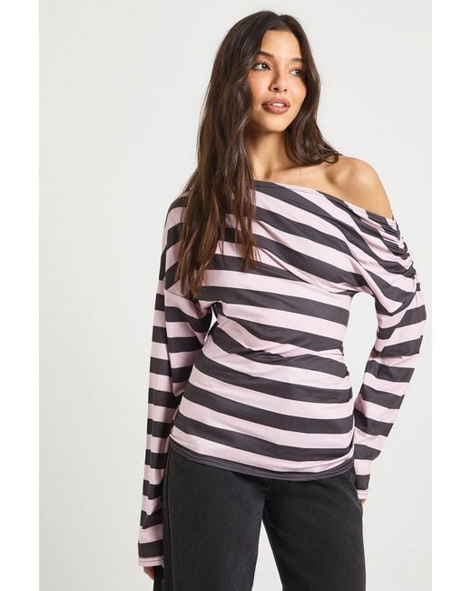 Boohoo Pink Striped Off Shoulder Long Sleeve Cinched Waist Top
