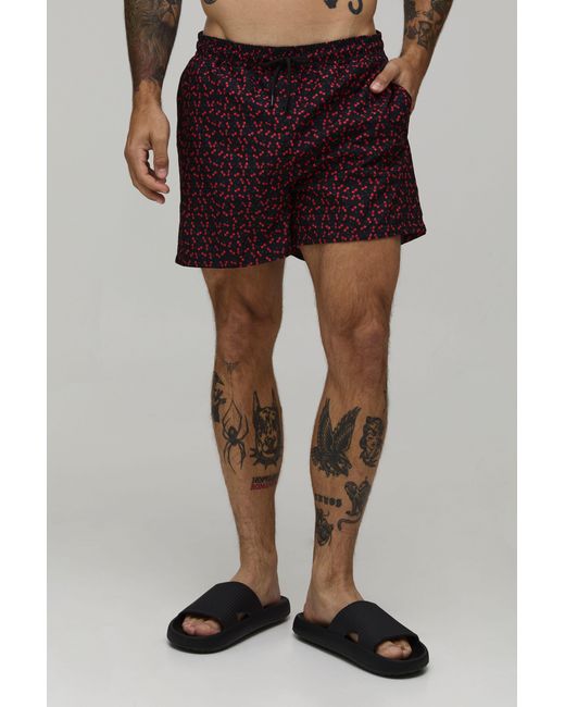 BoohooMAN Black Cherry Printed Short Length Swim for men