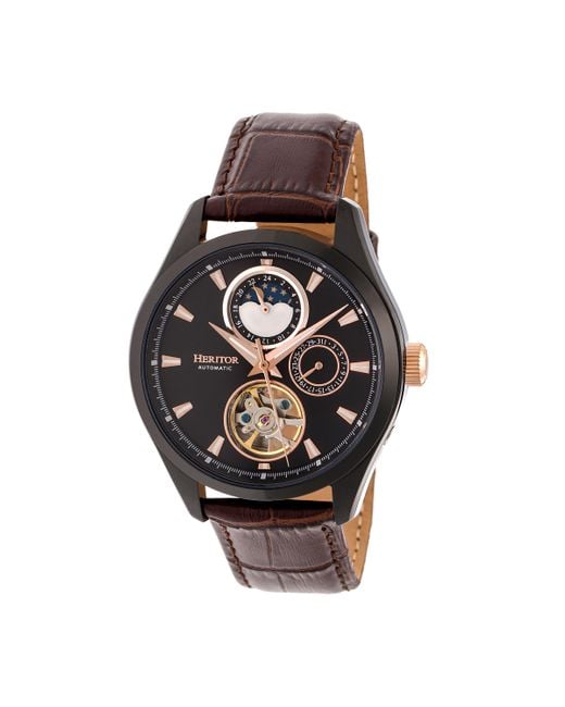 Heritor Brown Sebastian Semi-Skeleton Leather-Band Watch for men