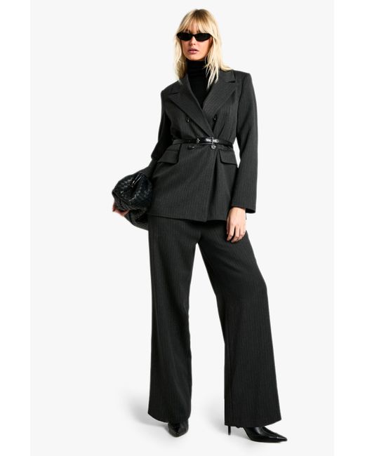 Boohoo Black Tailored Woven Pinstripe Wide Leg Trousers