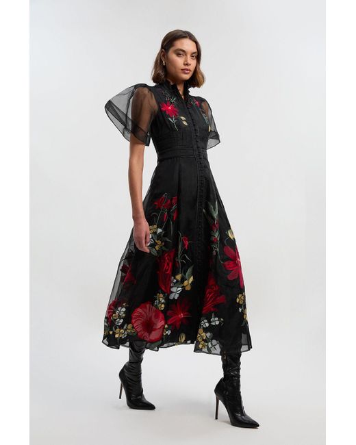 Karen Millen Botanical Embroidery Organdie Angel Sleeve Midi Dress in White | Lyst UK Karen Millen Botanical Embroidery Organdie Angel Sleeve Midi Dress in White | Lyst UK