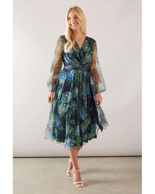 Wallis Blue Petite Floral Mesh Satin Tie Midi Dress