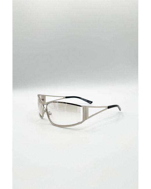 SVNX Metallic Retangle Wrap Around Metal Sunglasses