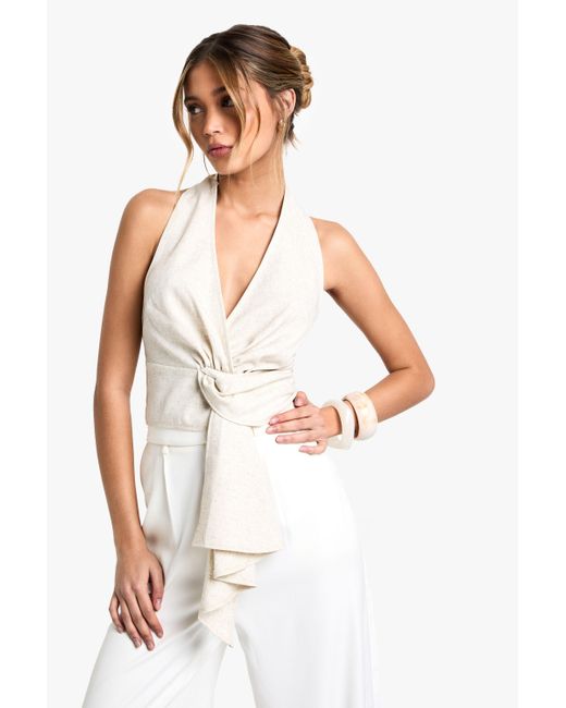 Boohoo White Linen Halter Neck Knot Front Top