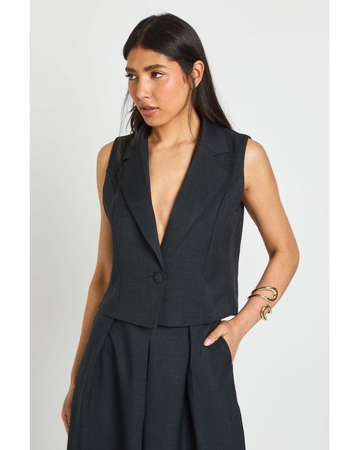 Boohoo Blue Tall Linen Look Tailored Cropped Waistcoat