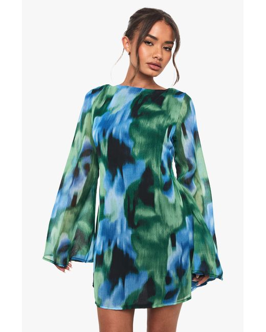Boohoo Blue Abstract Printed Chiffon Flare Sleeve Mini Dress