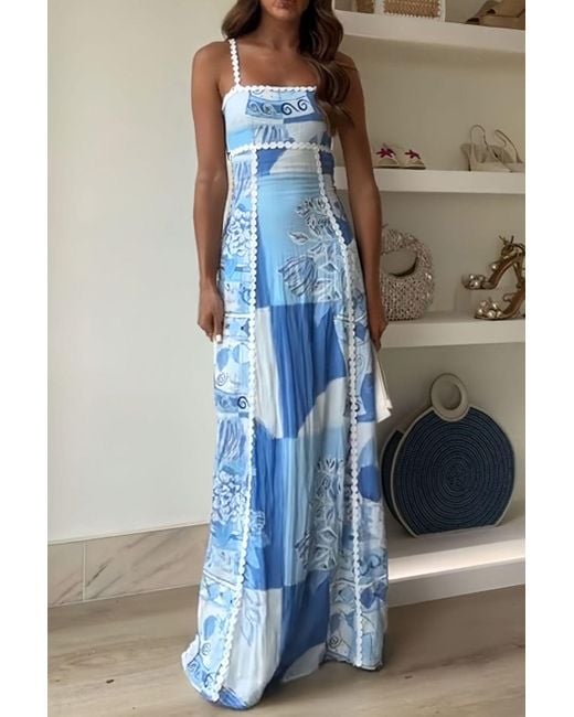 Everyday the Label Blue Patchwork Maxi Dress With Lace Trim