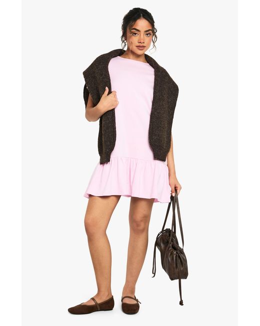 Boohoo Pink Cotton Ruffle Dropped Hem Smock Dress