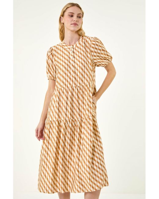 Roman Natural Geo Print Button Shirt Midi Dress