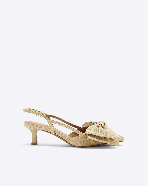 River Island White Court Heels Raffia Sling Back Bow Pu
