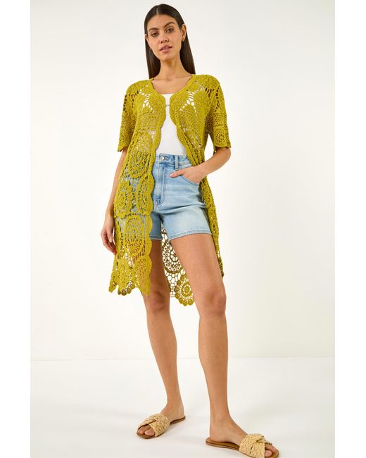 Roman Yellow Crochet Longline Knit Cardigan