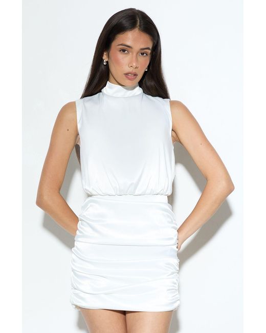 MissPap White Satin Ruched High Neck Mini Dress