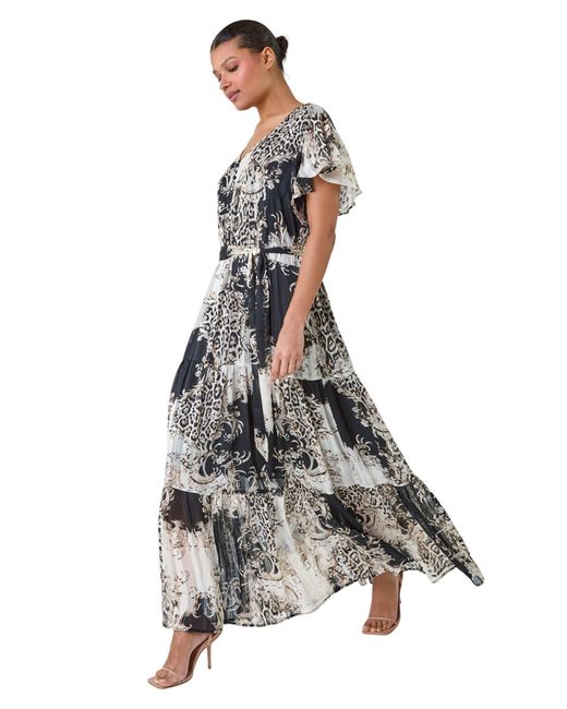 Roman Brown Animal Print Shimmer Tiered Maxi Dress