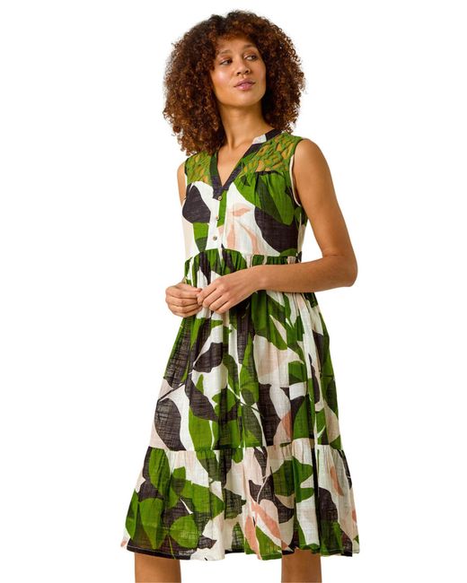 Roman Green Leaf Print Tiered Smock Midi Dress