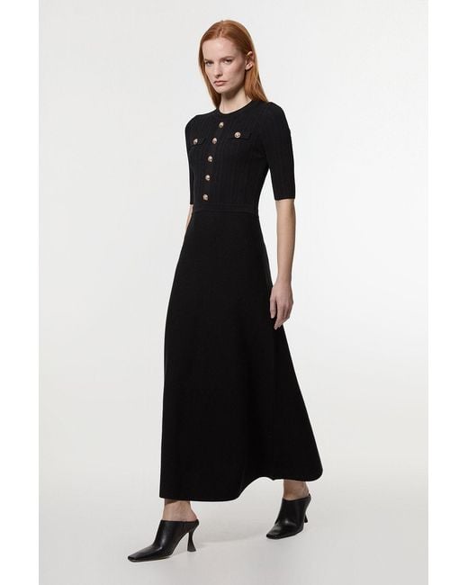 Karen Millen Black Petite Rib Knit Military Trim Maxi Dress