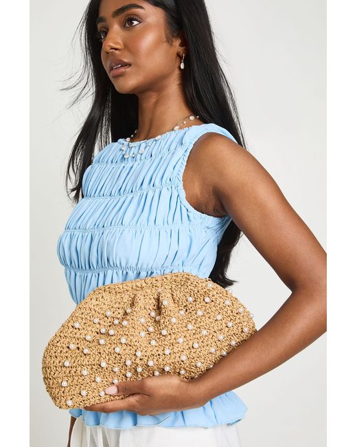 Boohoo Blue Pearl Detail Raffia Slouchy Clutch Bag
