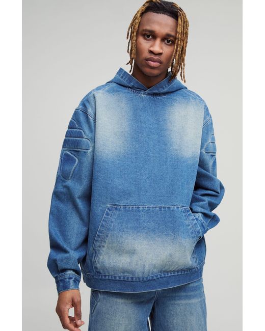 BoohooMAN Blue Tall Debossed Biker Denim Oversized Hoodie for men