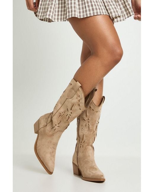 Boohoo Gray Faux Suede Cut Out Detail Knee High Western Boots
