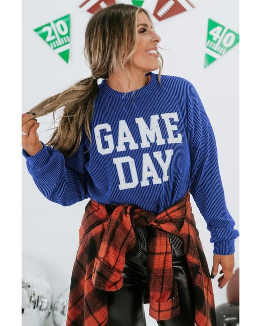 Azura Exchange Blue Bluing Corded Game Day Graphic Long Sleeve Crewneck Top