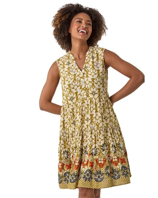 Roman Green Leaf Print Button Smock Dress