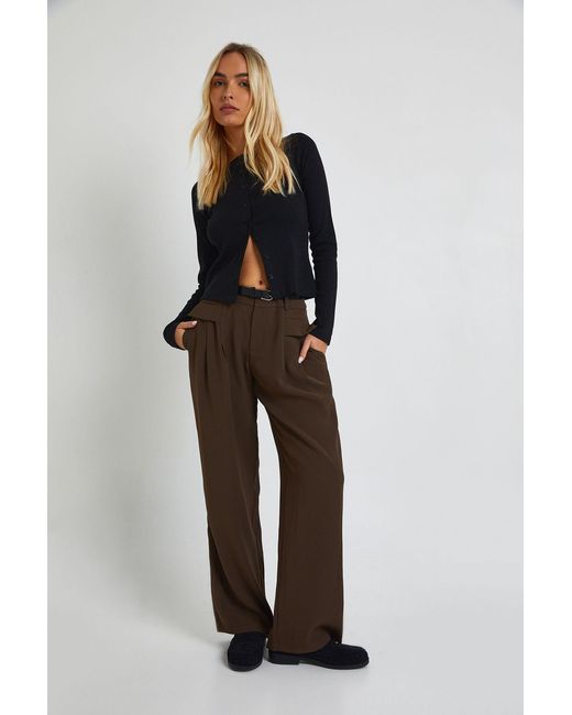 Boohoo Brown Fluid Belted Straight Leg Trousers